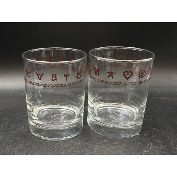 2 Libbey Glass Western Cattle Brands Rope Rocks Glasses Tumblers
